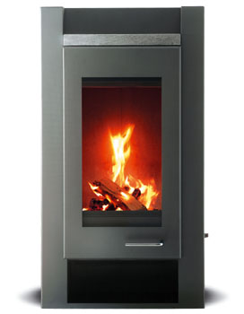 stufa a legna originale danese del produttore Scan Krog Iversen. Modello in acciaio grigio e maniglia sabbiata. Vano legna aperto Speciale sistema di chiusura nuovo.